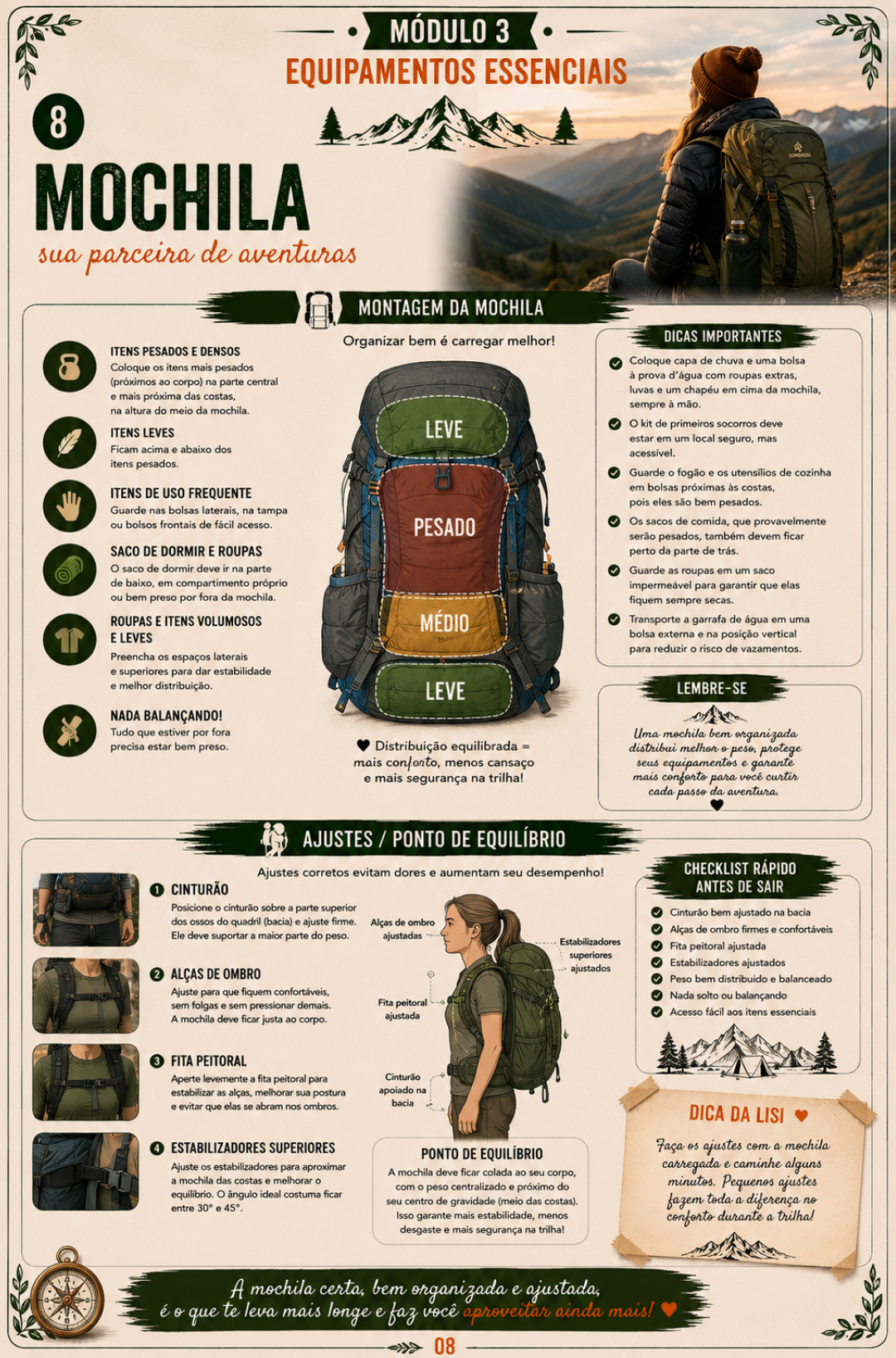 Página do PDF sobre organização e ajuste da mochila de trilha
