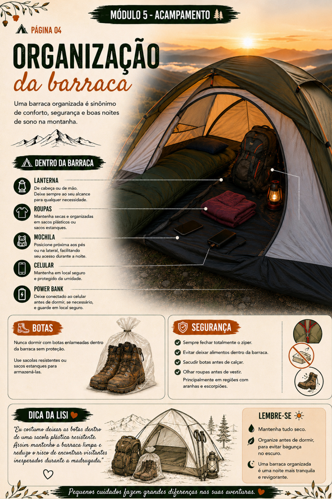Página do PDF sobre organização da barraca no acampamento